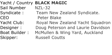 Yacht / Country	 BLACK MAGIC	 Sail Number	 NZL-32 	 Syndicate :	  Team New Zealand Syndicate.	 CEO	                  Peter Blake	 Yacht Club:	  Royal New Zealand Yacht Squadron	 Designer :	         Doug Peterson and Laurie Davidson	 Boat Builder :	 McMullen & Wing Yard, Auckland	 Skipper:	         Russell Coutts