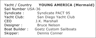Yacht / Country	YOUNG AMERICA (Mermaid)	 Sail Number	USA-36	 Syndicate :	        Syndicate PACT 95	 Yacht Club:	        San Diego Yacht Club	 CEO	                J.K. Marshall	 Designer :	        Bruce Nelson	 Boat Builder :     Goetz Custom Sailboats			 Skipper:	        Dennis Conner