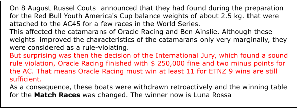 On 8 August Russel Couts  announced that they had found during the preparation for the Red Bull Youth America's Cup balance weights of about 2.5 kg. that were attached to the AC45 for a few races in the World Series.  This affected the catamarans of Oracle Racing and Ben Ainslie. Although these weights  improved the characteristics of the catamarans only very marginally, they were considered as a rule-violating.  But surprising was then the decision of the International Jury, which found a sound rule violation, Oracle Racing finished with $ 250,000 fine and two minus points for the AC. That means Oracle Racing must win at least 11 for ETNZ 9 wins are still sufficient. As a consequence, these boats were withdrawn retroactively and the winning table for the Match Races was changed. The winner now is Luna Rossa