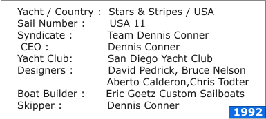 Yacht / Country :  Stars & Stripes / USA Sail Number :       USA 11 Syndicate :          Team Dennis Conner   CEO :                 Dennis Conner Yacht Club:          San Diego Yacht Club Designers :          David Pedrick, Bruce Nelson                           Aberto Calderon,Chris Todter Boat Builder :      Eric Goetz Custom Sailboats Skipper :             Dennis Conner   1992